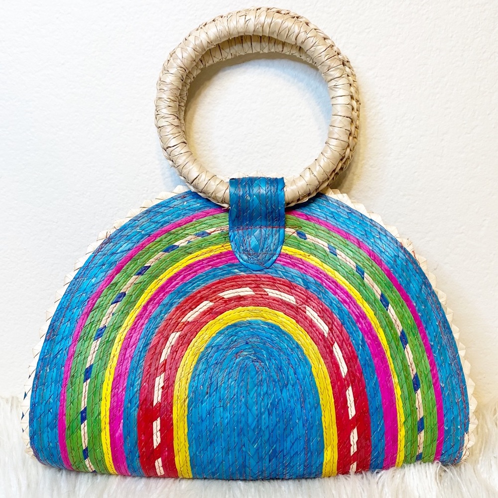 BAY SKY multicolored rainbow woven palm straw quesadilla handbag